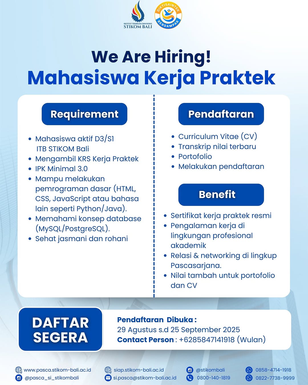 We Are Hiring! Mahasiswa Kerja Praktek